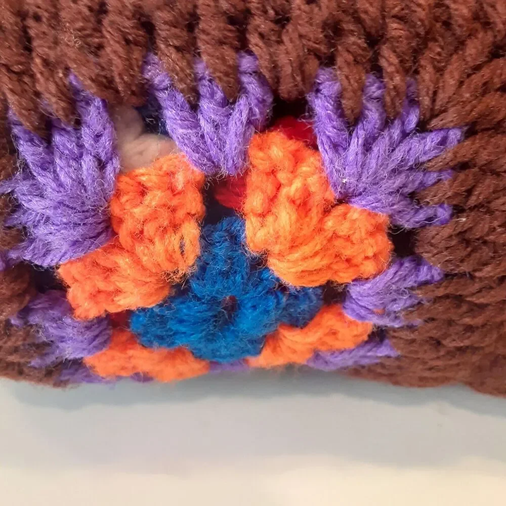 Vintage Handmade Flower Block Afghan on Chocolate READ